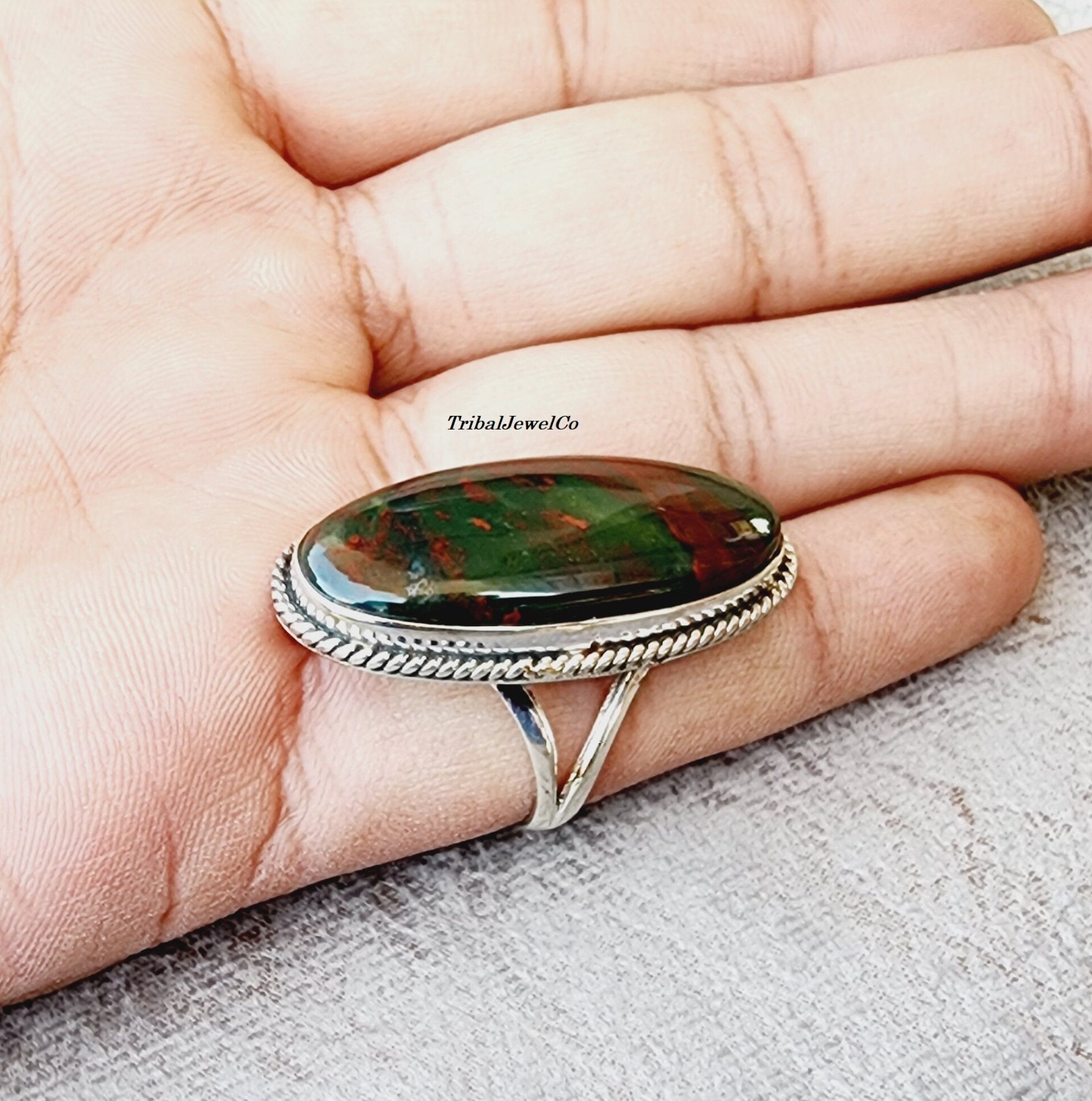 Natural Bloodstone 925 Sterling Silver Ring - Boho Statement Ring