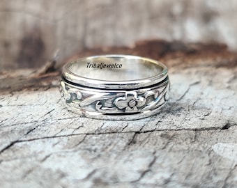 Hand Carved Sterling Silver Spinner Ring: Floral Meditation Band