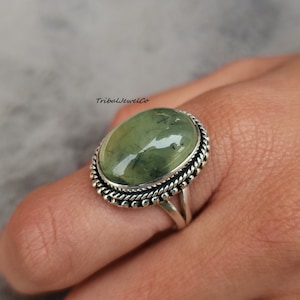 Prehnite Gemstone Ring for Her, Quality Prehnite, Cabochon Prehnite, 925 Sterling Silver, Handcrafted Women Ring, Handmade Boho Jewelry Ring