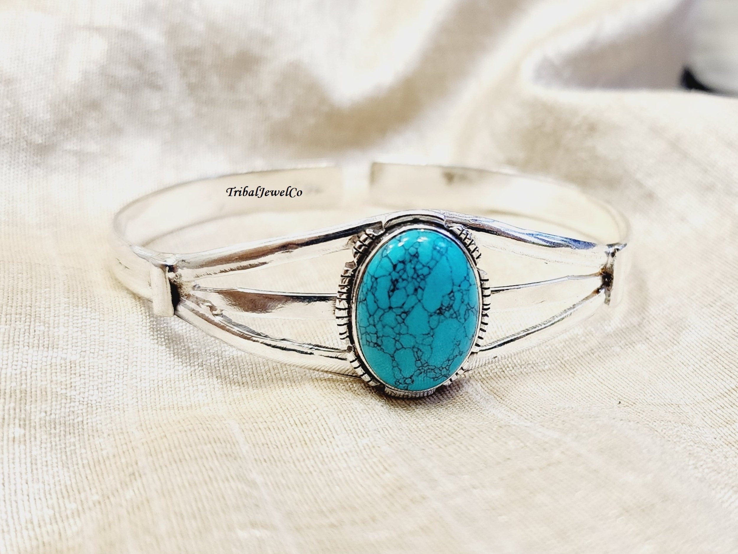 ハンドメイド925シルバーターコイズバングル：ステートメントカフ