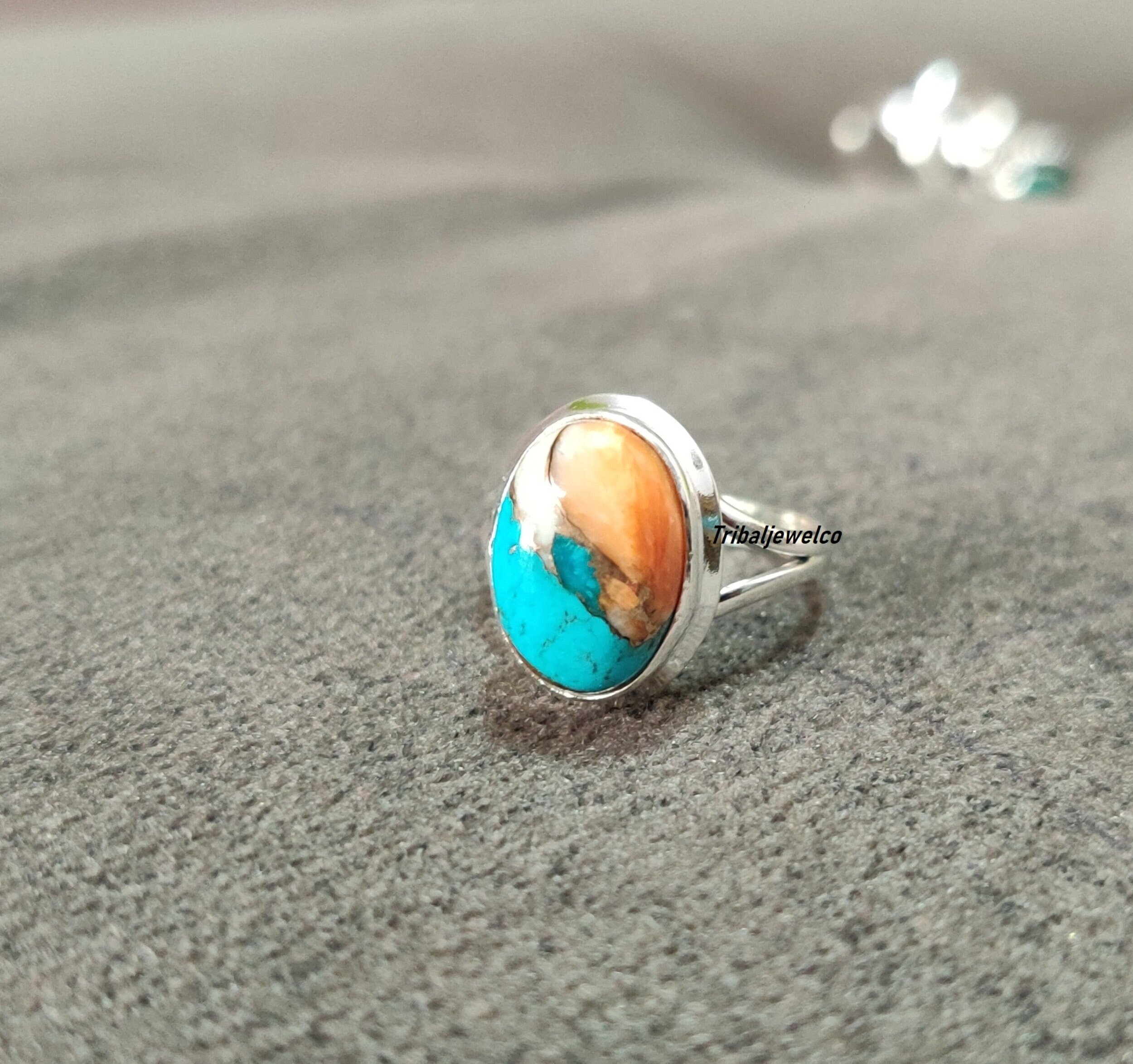 Handmade Mix Oyster Oval Stone Ring For Wedding Anniversary Gift For Her Oyster Copper Turquoise Solid 925 Sterling Silver Ring For Women