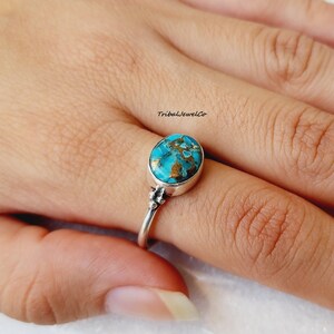 Handmade Copper Turquoise Ring: Sterling Silver Flower Design