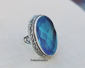 Anello con topazio blu e quarzo: gioiello vintage in argento sterling fatto a mano