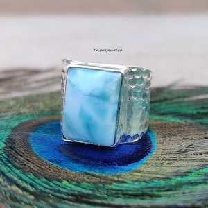 Hammered Sterling Silver Larimar Ring: Handmade Unisex Gemstone