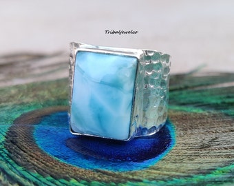 Hammered Band Larimar Ring, 925 Sterling Silver, Gemstone Ring, Unisex Ring, All Occasion Gift, Handmade Ring, Meditation Stone, Peace Ring