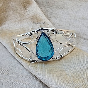 Blue Topaz Quartz Bangle, Handmade Bangle, 925 Sterling Silver, Gemstone Bangle, Women Bangle, Anniversary Bangle, Silver Bangle, Gifts