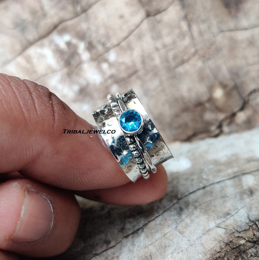 Blue Topaz Spinner Ring: Handmade 925 Sterling Silver Meditation