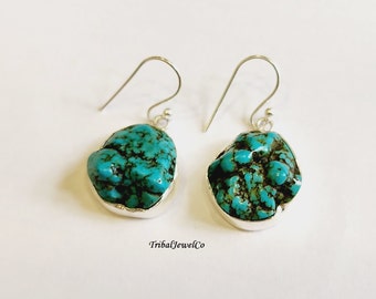 Stunning Turquoise Rough Stone Earrings, Handmade Gift, Earrings for Her, Silver Earrings, Gemstone Earrings, Earrings Jewelry, Gift For Her