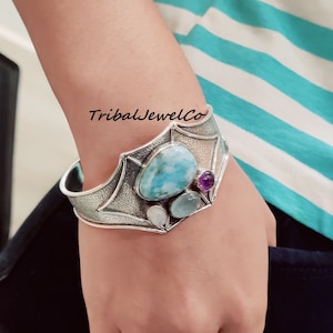 Larimar Gemstone Bangle: Handmade 925 Sterling Silver Bracelet