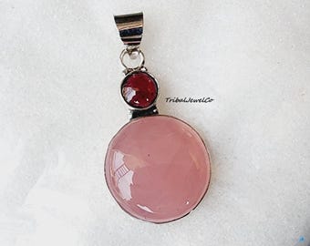 Handmade Rose Quartz Garnet Pendant: 925 Sterling Silver