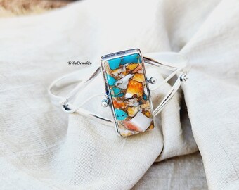 Oyster Copper Turquoise Bracelet: Handmade 925 Silver Cuff Bangle