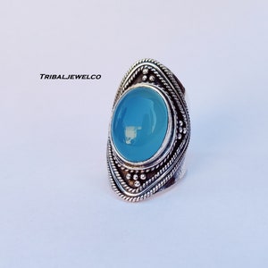 Blue Chalcedony Ring: Oval Sterling Silver, Handmade Tribal Art