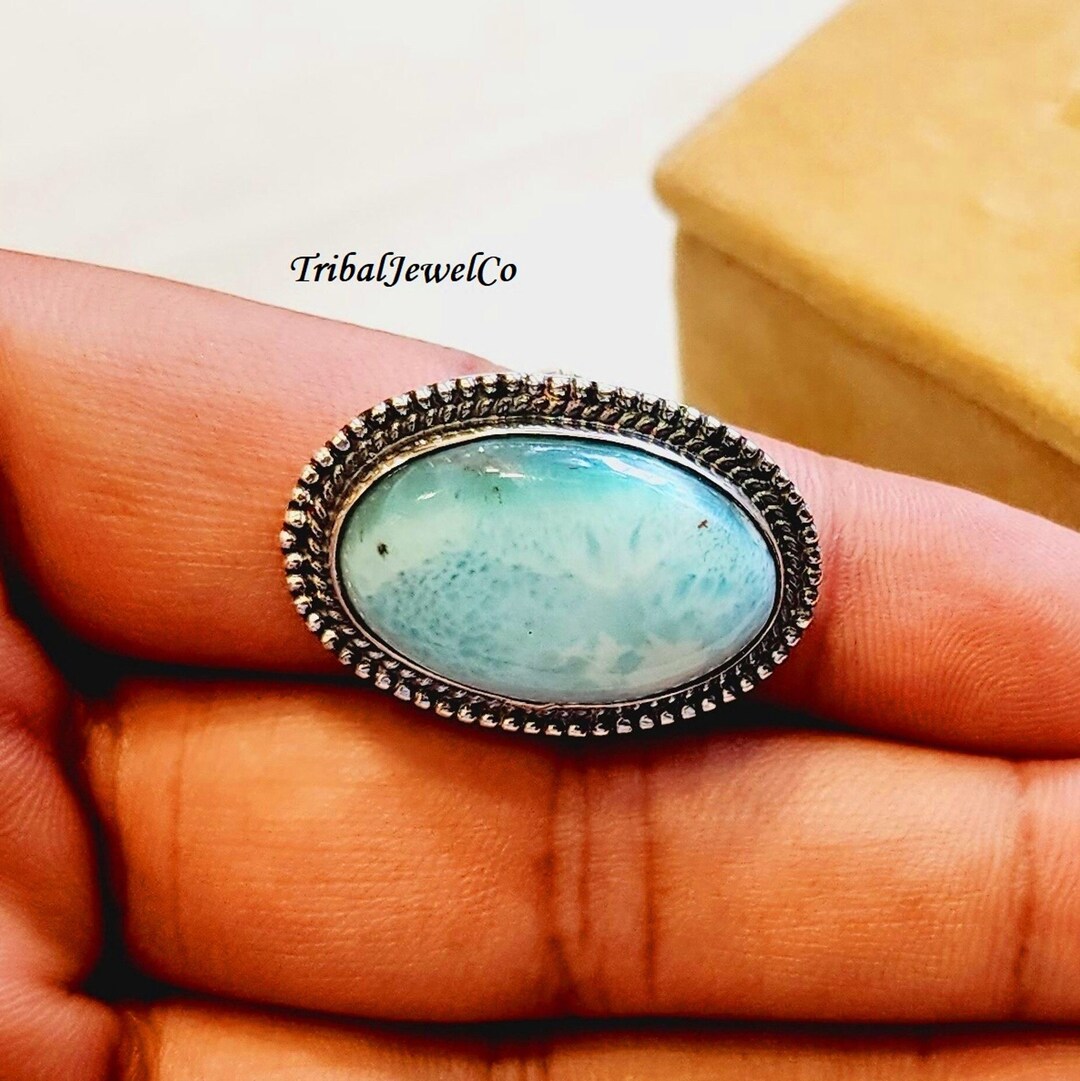 Natural Larimar Ring for Women, 925 Sterling Silver Ring for Her