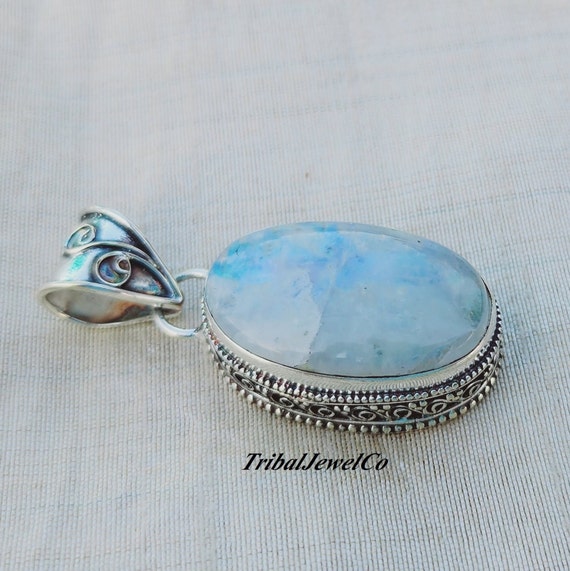 Pendentif Ovale En Pierre De Lune Naturelle Et Argent Sterling 925 - Bijou Sans Traitement