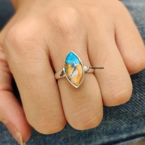 Oyster Copper Turquoise Solid 925 Sterling Silver Ring For Women, Handmade Mix Oyster Marquise Stone Ring For Her Anniversary Gift For Her