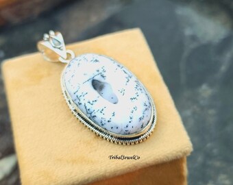 Oval Dendritic Opal Pendant: Handmade 925 Sterling Silver, 30mm Boho Jewelry