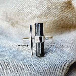 Black Tourmaline Pencil Ring, Raw Tourmaline Stick Ring, Adjustable Ring, Valentine Gift For Her, Silver Handmade Ring, Birthday Gift