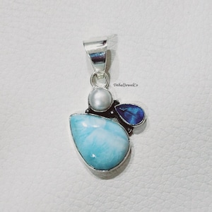 Handmade Larimar Pendant: Sterling Silver, Pearl & Blue Topaz