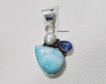 Handmade Larimar Pendant: Sterling Silver, Pearl & Blue Topaz