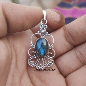 Labradorite Silver Pendant: 925 Sterling Boho Cabochon Jewelry
