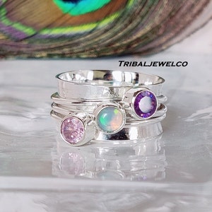 Opal Amethyst Rose Quartz Spinner Ring, 925 Sterling Silver, Women Ring, Gift For Her, Christmas Gift, Handmade Ring, Fidget Spinner Ring