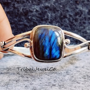 Labradorite Bangle: Solid Sterling Silver Adjustable Cuff