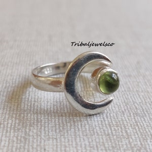 Anel com pedra preciosa peridoto, estrela e lua para ela, anel feito à mão para mulheres, prata esterlina 925, anel minimalista para ela, presente de aniversário para ela