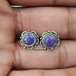 Handcrafted Purple Copper Turquoise Stud Earrings for Women, Handmade Earrings for Her, Silver Earrings, Gemstone Earrings, Earrings Jewelry