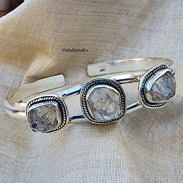 Breloque 3 diamants Herkimer, cristal clair, argent sterling 925, jonc pierre à breloques, bracelet nouveau départ, cadeaux de Noël, mariage