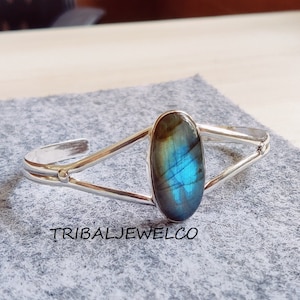 Labradorite Statement Bangle: Tribal Silver Cuff Bracelet