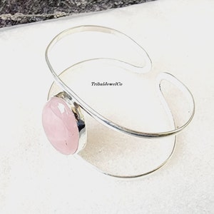 Natural Rose Quartz Dual Cuffed Bracelet in 925 Sterling Silver, Bridesmaid Jewelry, Dress Bracelet, Gift for Her, Statement Jewelry