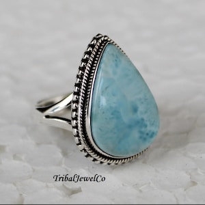 Bague en larimar naturel pour femme, bague en argent sterling 925 pour elle, bague faite main, anneau bohème, cadeau pour elle, bijoux de demoiselle d'honneur femme