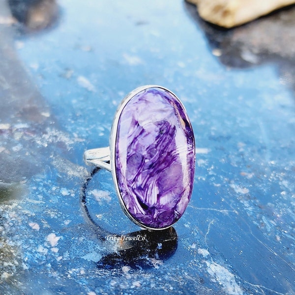 Paarse Charoite ring, 925 sterling zilver, edelsteen ring, zilveren sieraden, statement ring voor haar, vrouwen sieraden, handgemaakte zilveren sieraden