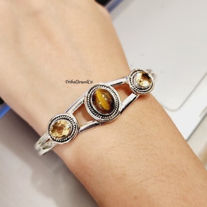 Pulsera de citrino y ojo de tigre: Brazalete de plata de ley hecho a mano