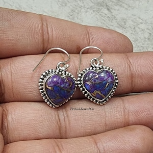 Heart Shaped Purple Copper Turquoise Earrings for Women, Handmade Earrings for Her, Silver Earrings, Gemstone Earrings, Earrings Jewelry
