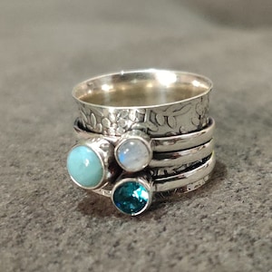 925 Silver Spinner Ring: Larimar, Blue Topaz & Moonstone Fidget Jewelry