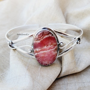 Natural Rhodochrosite Statement Bracelet, Bracelet for Women, Gemstone Bracelet, 925 Silver Bracelet, Dainty Rhodochrosite Jewelry for Her