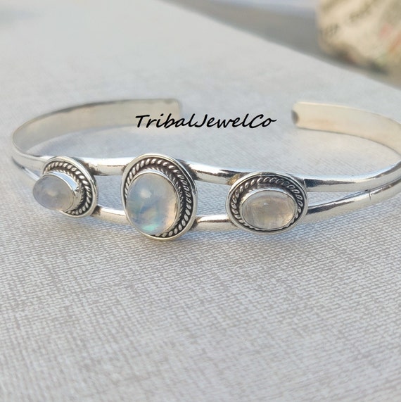 Rainbow Moonstone Bangle: Sterling Silver Cuffed Bracelet