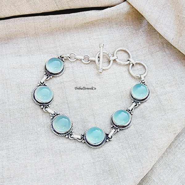 Aqua Chalcedony Bracelet, 925 Sterling Silver Bracelet, Dainty Bracelet, Women Jewelry, Bohemian Bracelet, Amazing Stone Color, Gift for her