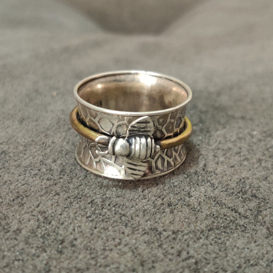 Honey Bee Spinner Ring 925 Sterling Silver Worry Thumb Band, Handmade