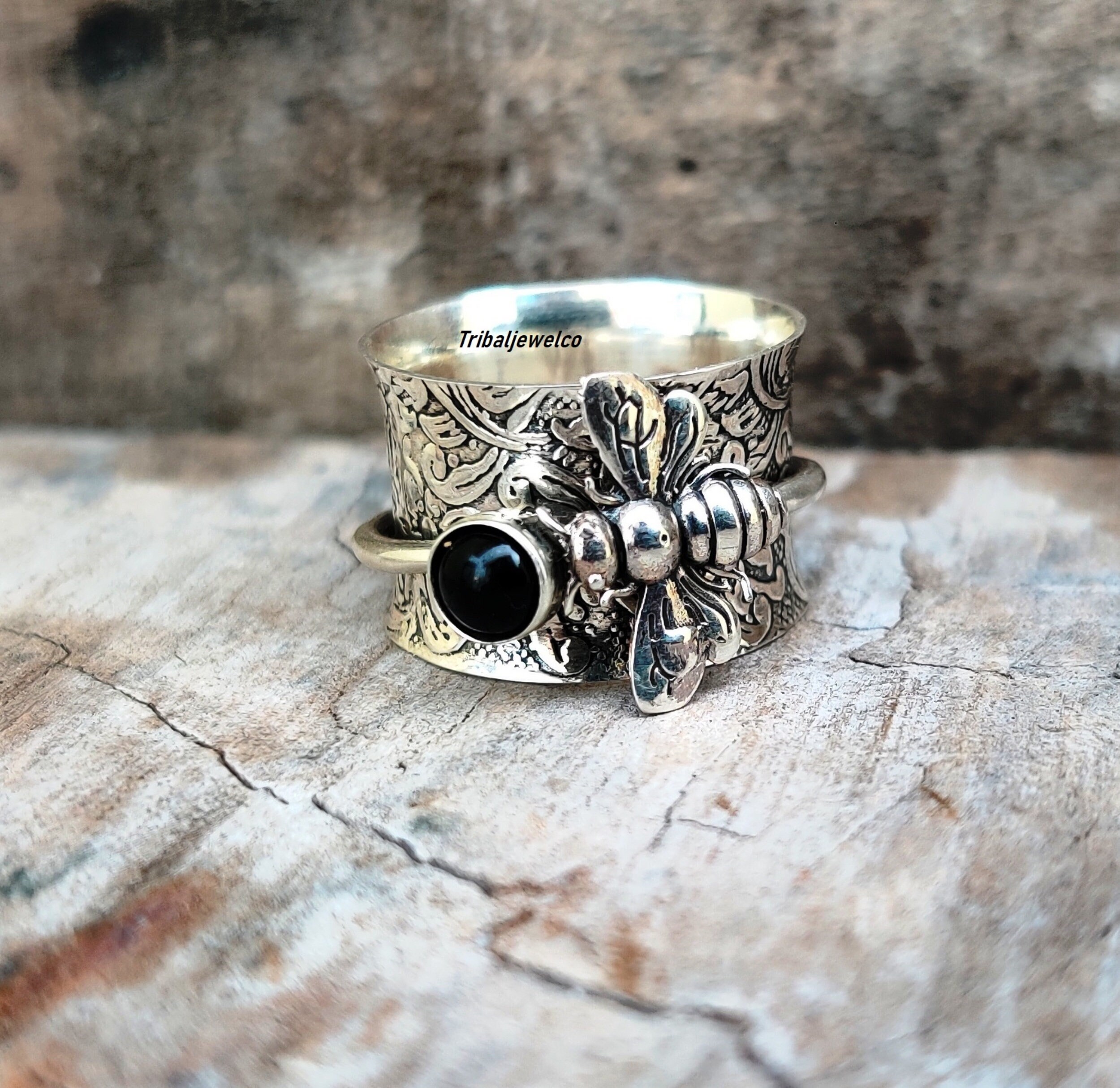 Anillo giratorio de abeja de ónix negro: anillo de meditación de plata de ley 925