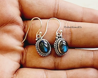Labradorite Earrings: 925 Sterling Silver Cabochon, Handmade Jewelry