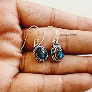 Orecchini In Argento 925 Con Labradorite Naturale: Gioielli Fatti A Mano A Forma Di Trilogo, Ispirati All'Astrologia, Regalo Elegante Per Donna, Fatto In India