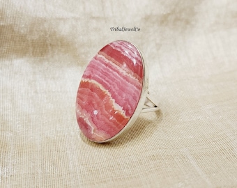 Natural Rhodochrosite Statement Ring: 925 Sterling Silver Gemstone