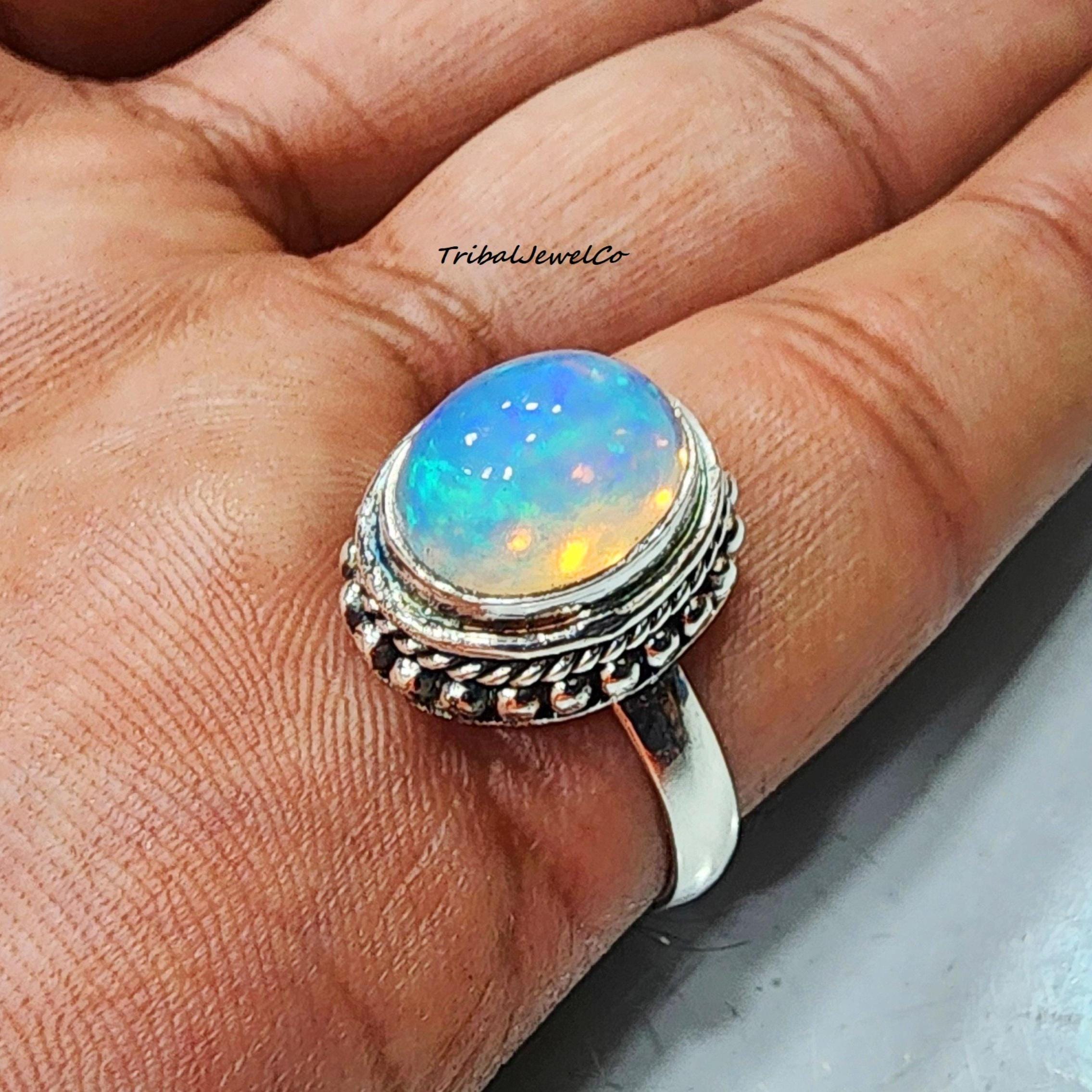 手作りエチオピアオパールリング：925スターリングシルバーレディース