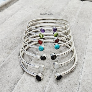 Handmade Sterling Silver Gemstone Bangle Set: Adjustable Stackable Bracelets
