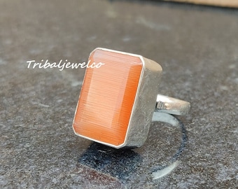 Handmade Orange Calcite Ring: 925 Sterling Silver, Unisex