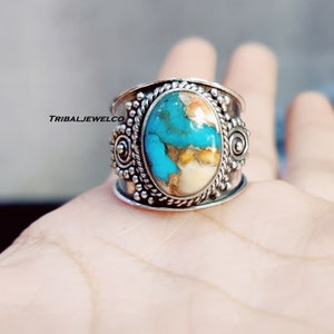 Oyster Copper Turquoise, Solid 925 Sterling, Silver Ring For Women, Handmade Ring, Oyster Oval Stone Ring, Anniversary Gift, Gift For Her