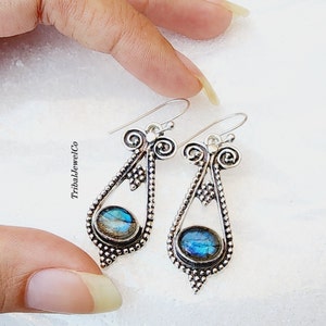 Handmade Blue Fire Labradorite Earrings: Sterling Silver Gemstone Jewelry