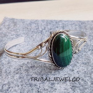 Handcrafted Sterling Silver Malachite Bangle: Natural Gemstone Jewelry